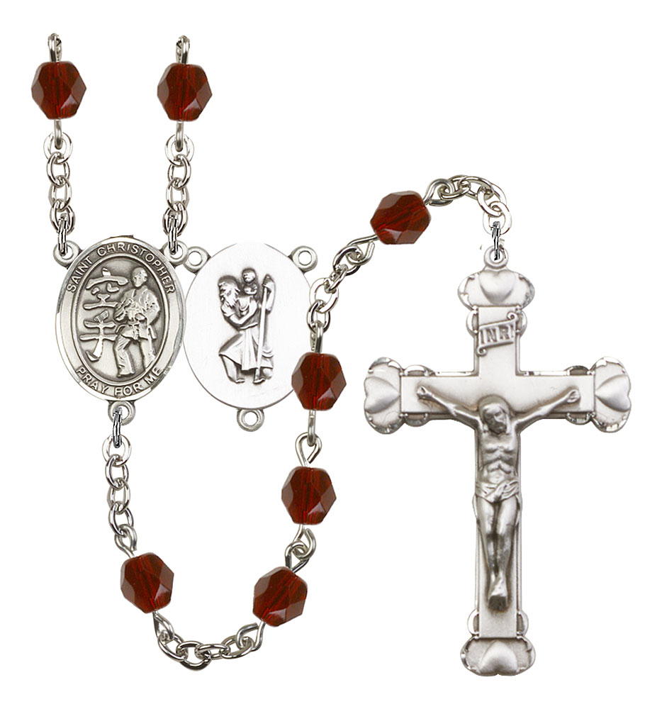 Saint Christopher and Karate Rosary with Garnet Beads
