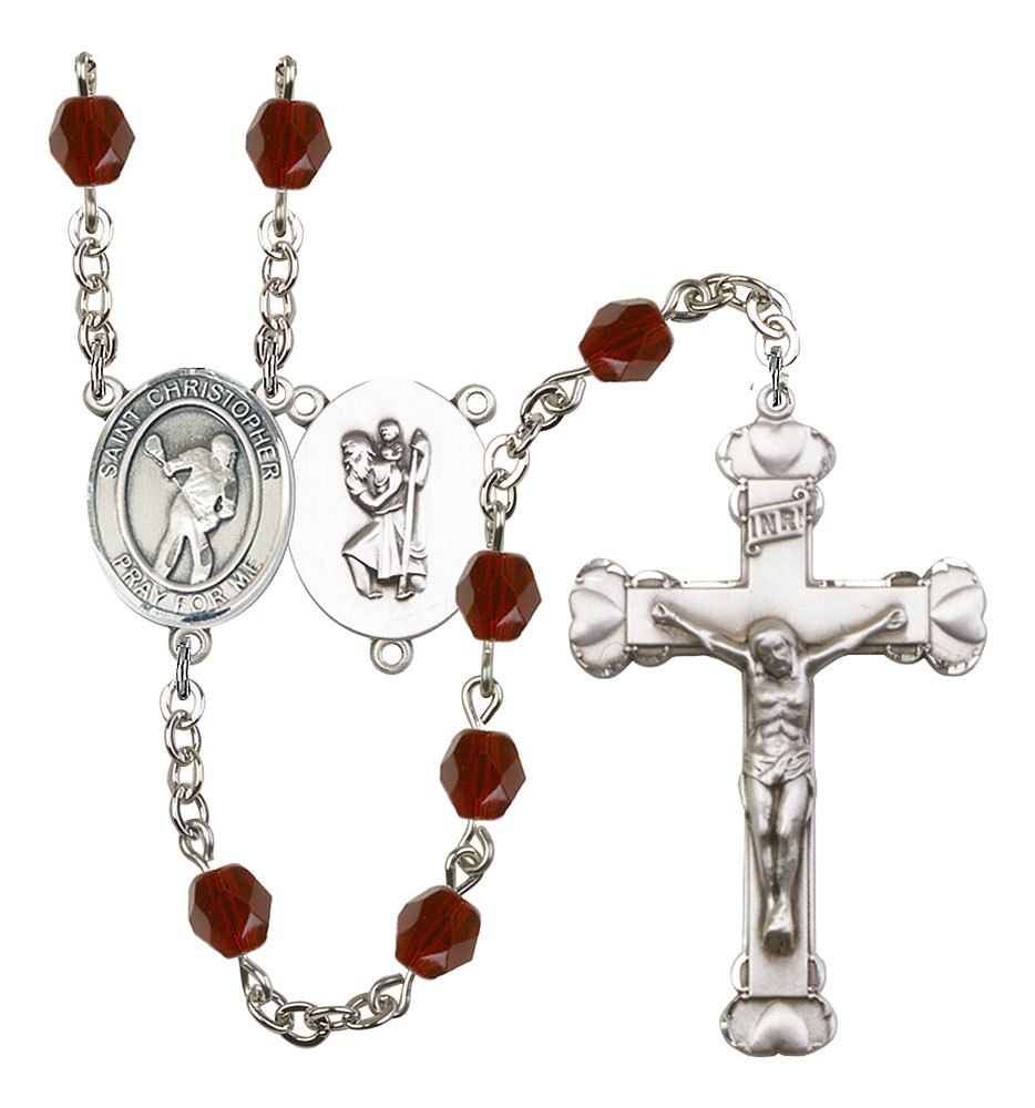 Saint Christopher and Lacrosse Rosary with Garnet Beads