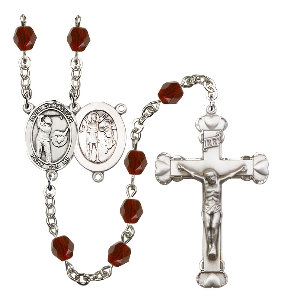 Saint Sebastian and Golf Rosary with Garnet Beads