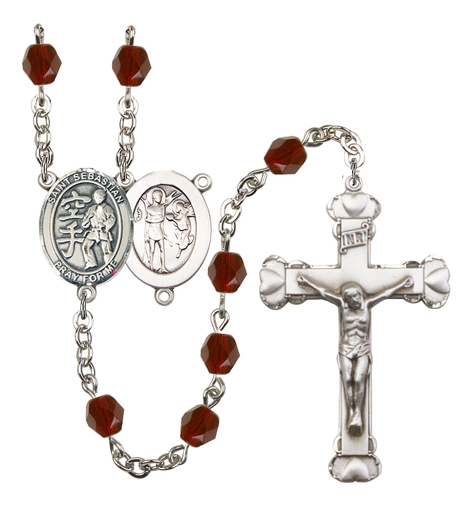 Saint Sebastian and Karate Rosary with Garnet Beads