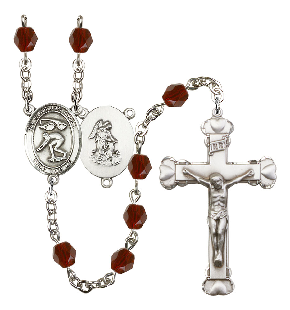 Guardian Angel and Swimming Rosary with Garnet Beads