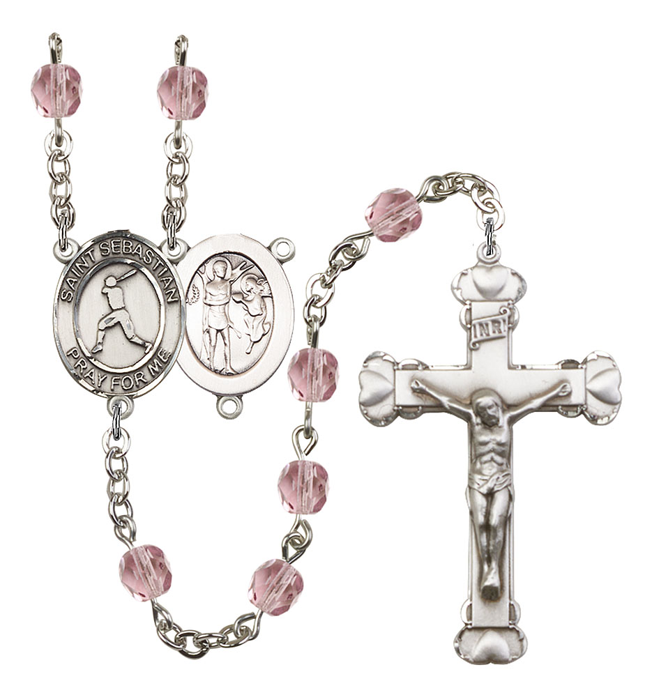 Saint Sebastian and Baseball Rosary with Light Amethyst Beads