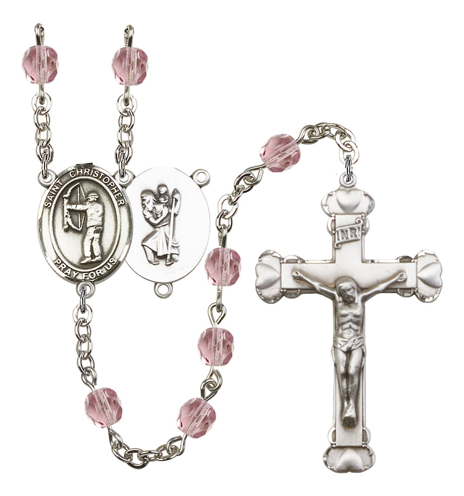 Saint Christopher and Archery Rosary with Light Amethyst Beads