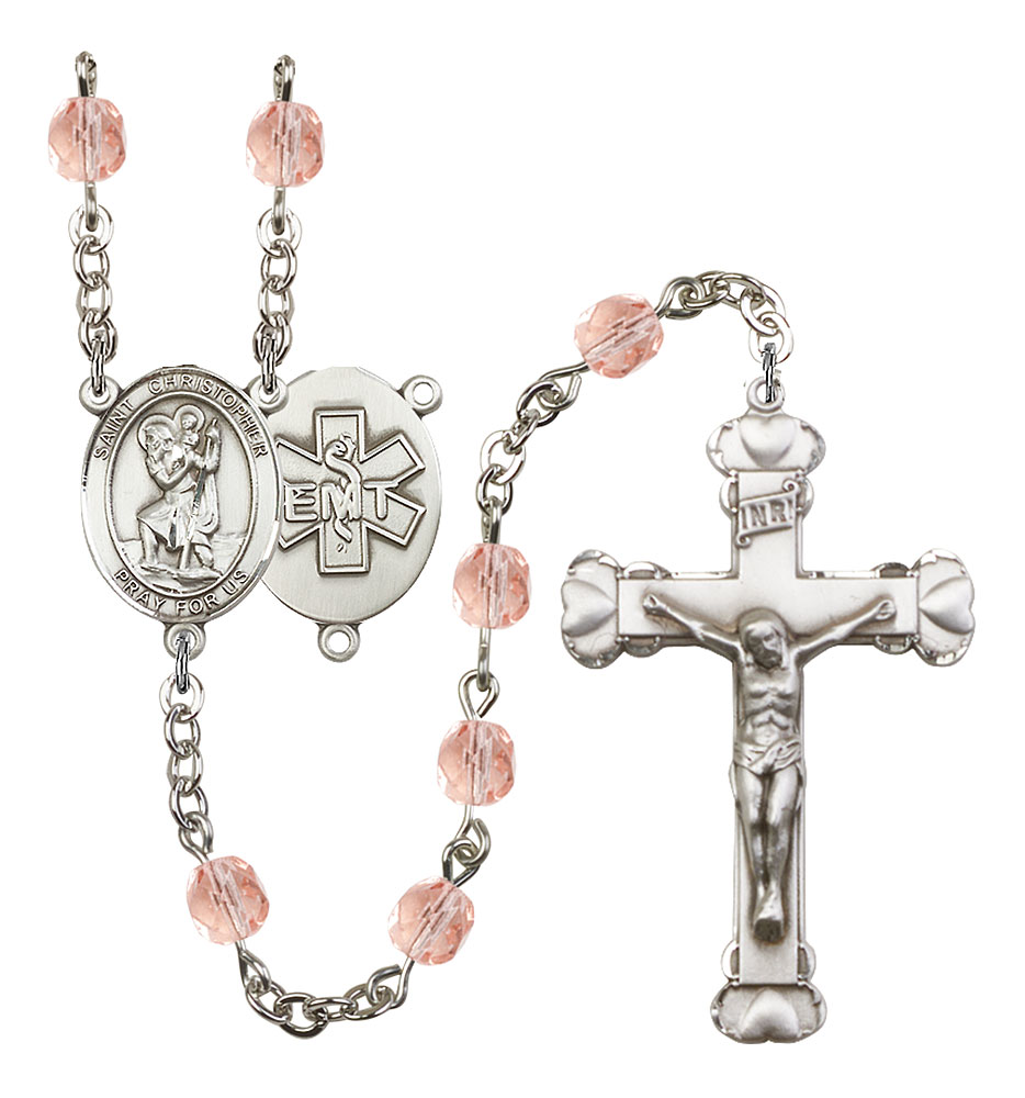 Saint Christopher and EMT Rosary with Pink Beads