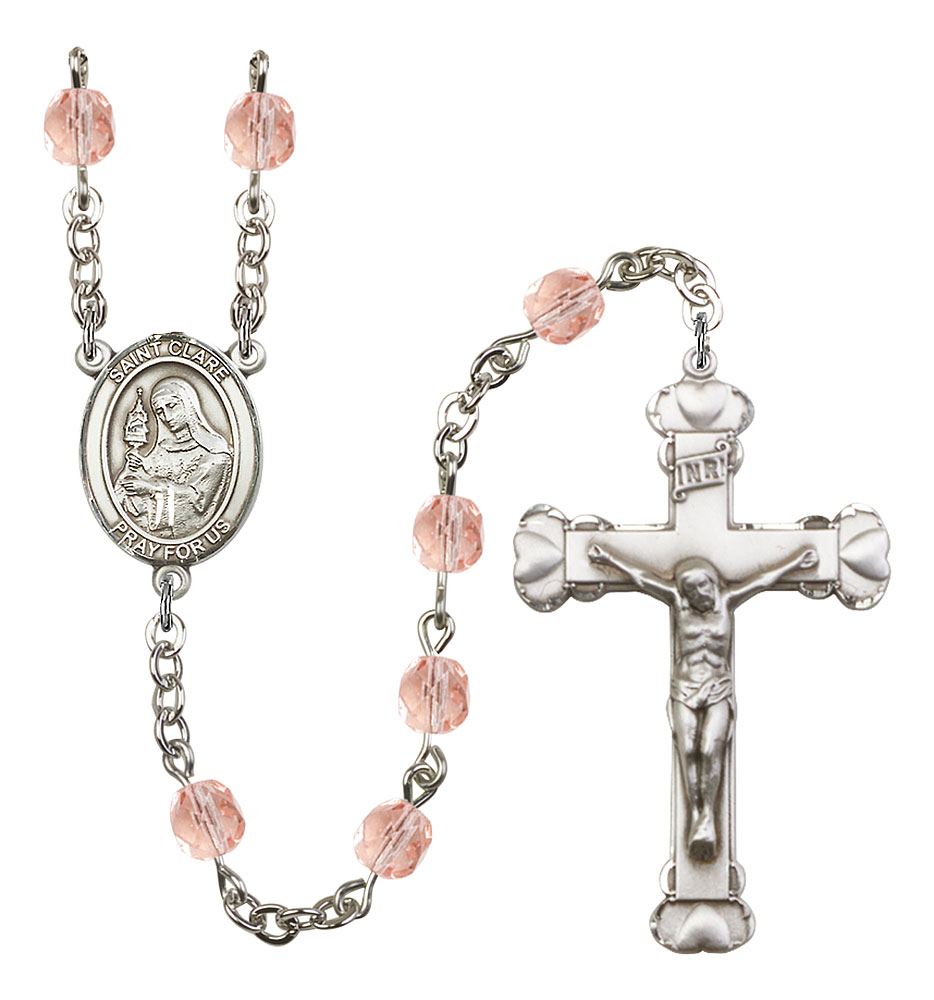 Saint Clare of Assisi Engravable Rosary with Pink Beads