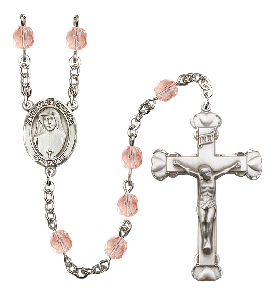 Saint Maria Faustina Engravable Rosary with Pink Beads