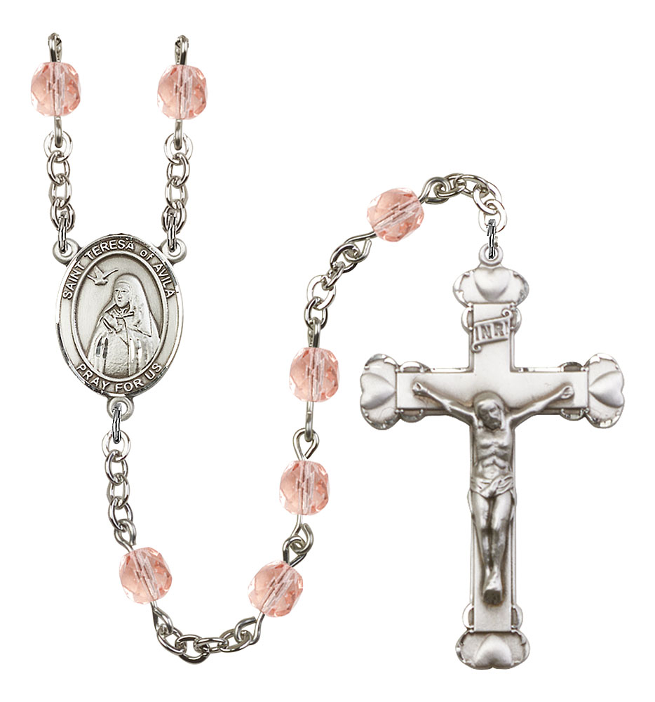 Saint Teresa of Avila Engravable Rosary with Pink Beads