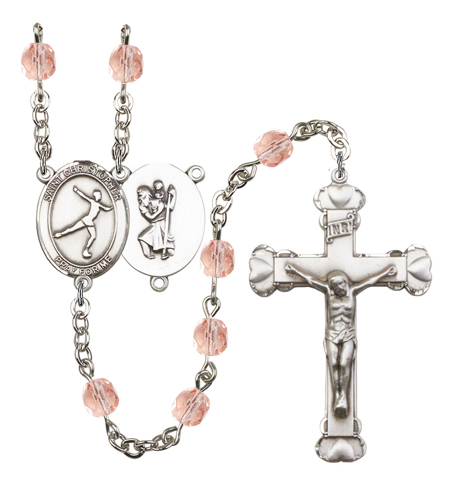 Saint Christopher and Figure Skating Rosary with Pink Beads