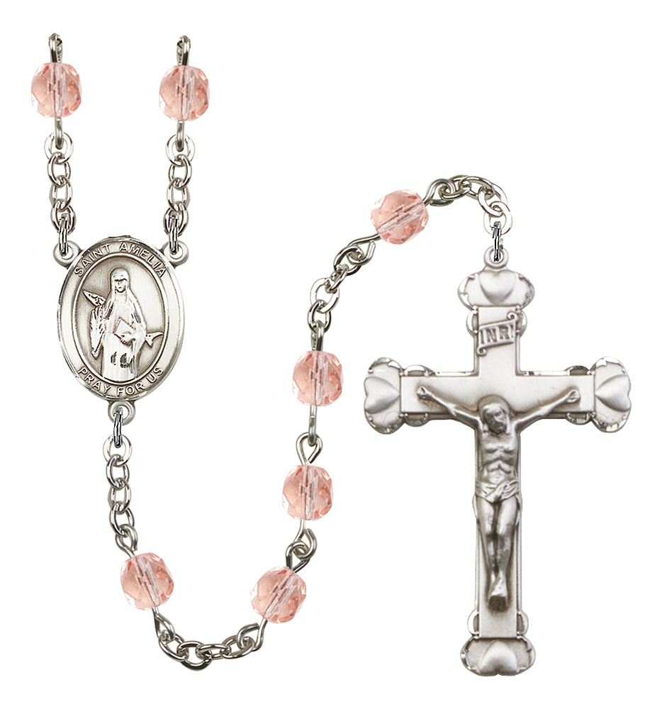 Saint Amelia Engravable Rosary with Pink Beads