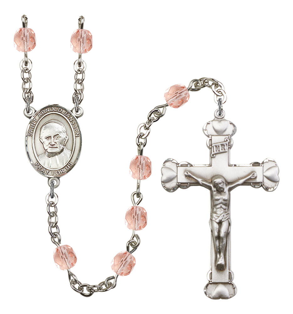 Saint Arnold Janssen Engravable Rosary with Pink Beads