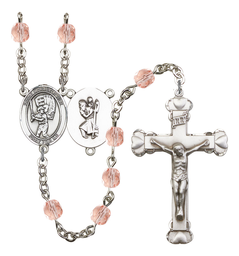 Saint Christopher and Baseball Rosary with Pink Beads