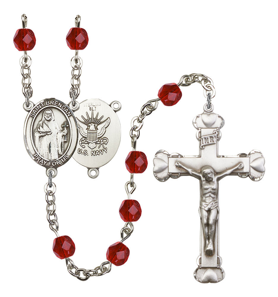 Saint Brendan The Navigator and Navy Rosary with Ruby Beads