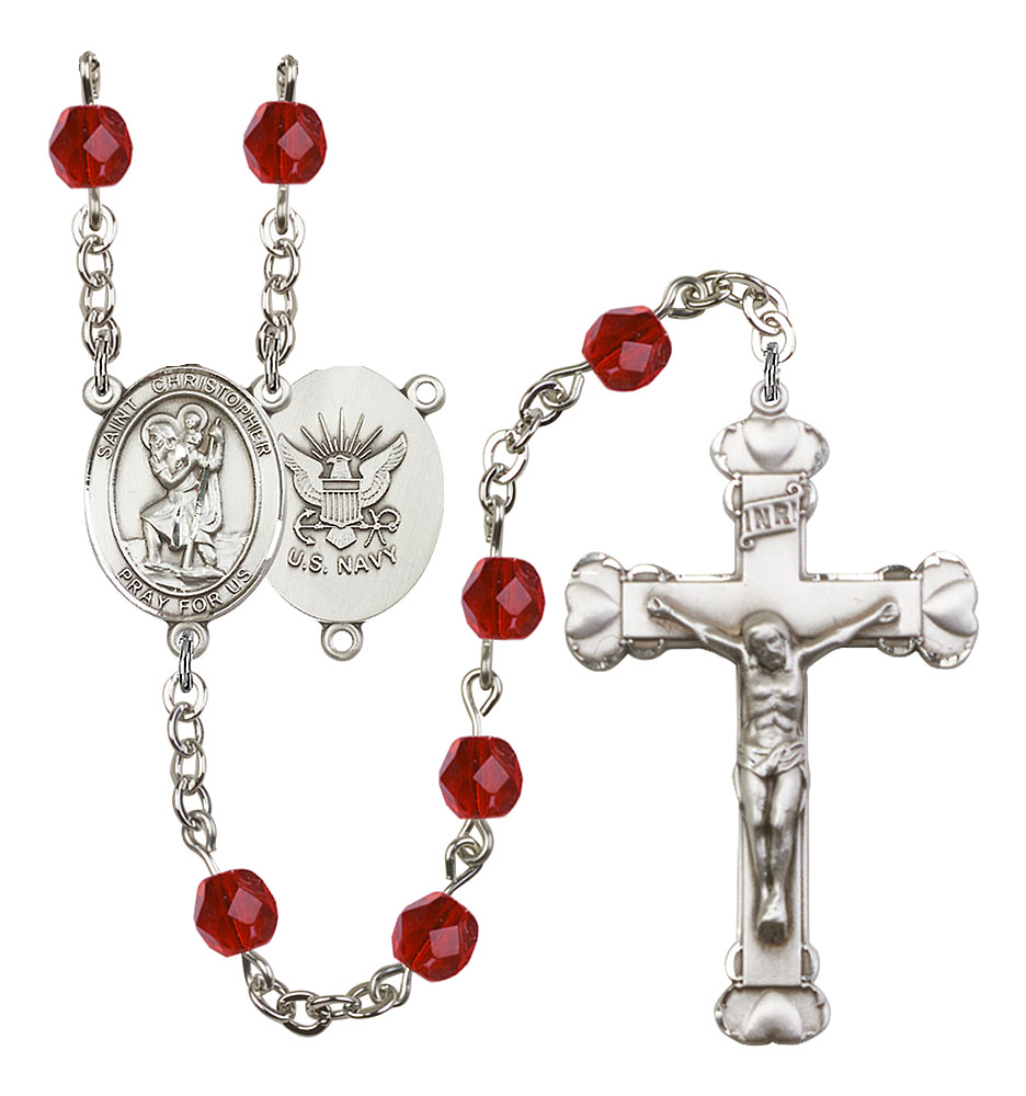 Saint Christopher and Navy Rosary with Ruby Beads