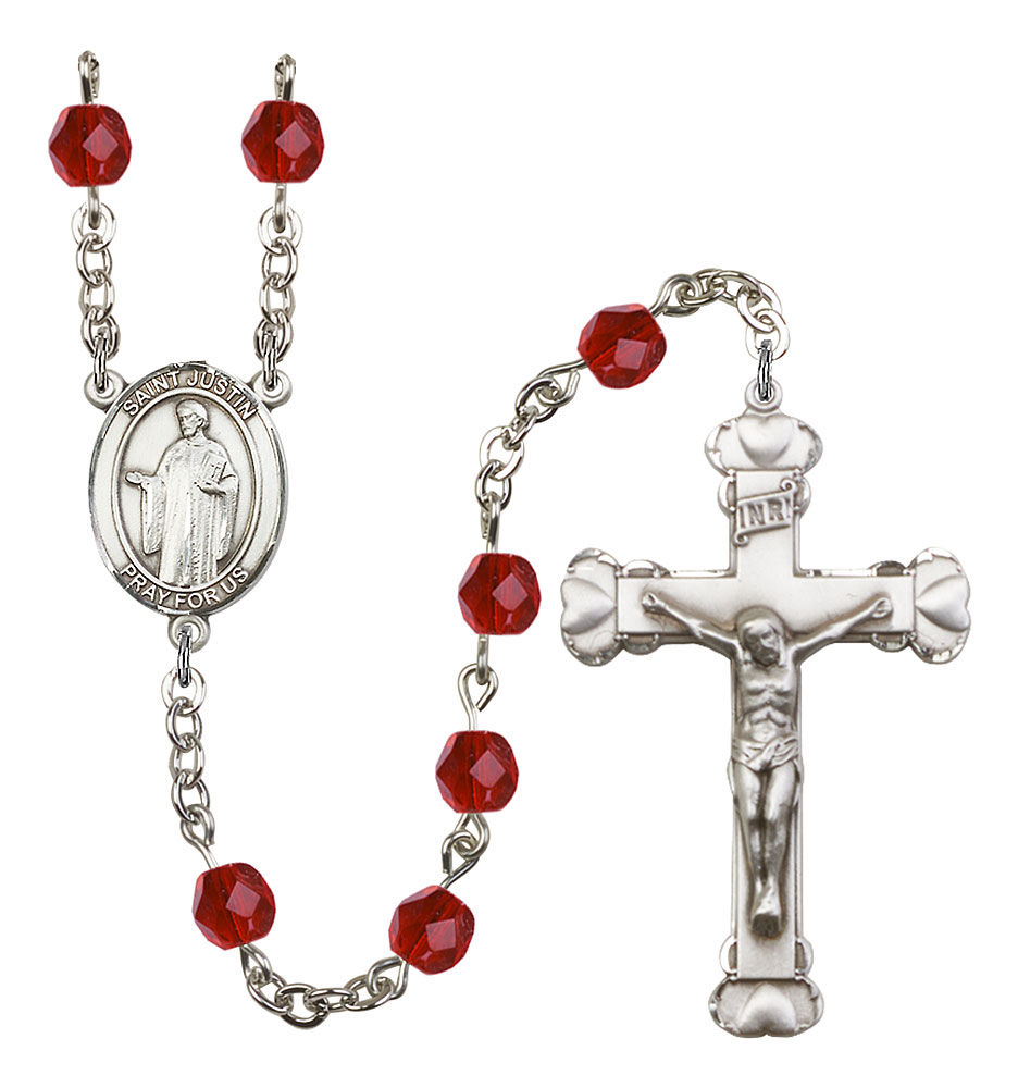 Saint Justin Engravable Rosary with Ruby Beads