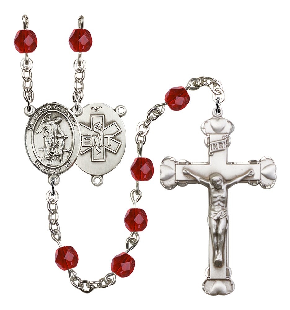 Guardian Angel and EMT Rosary with Ruby Beads