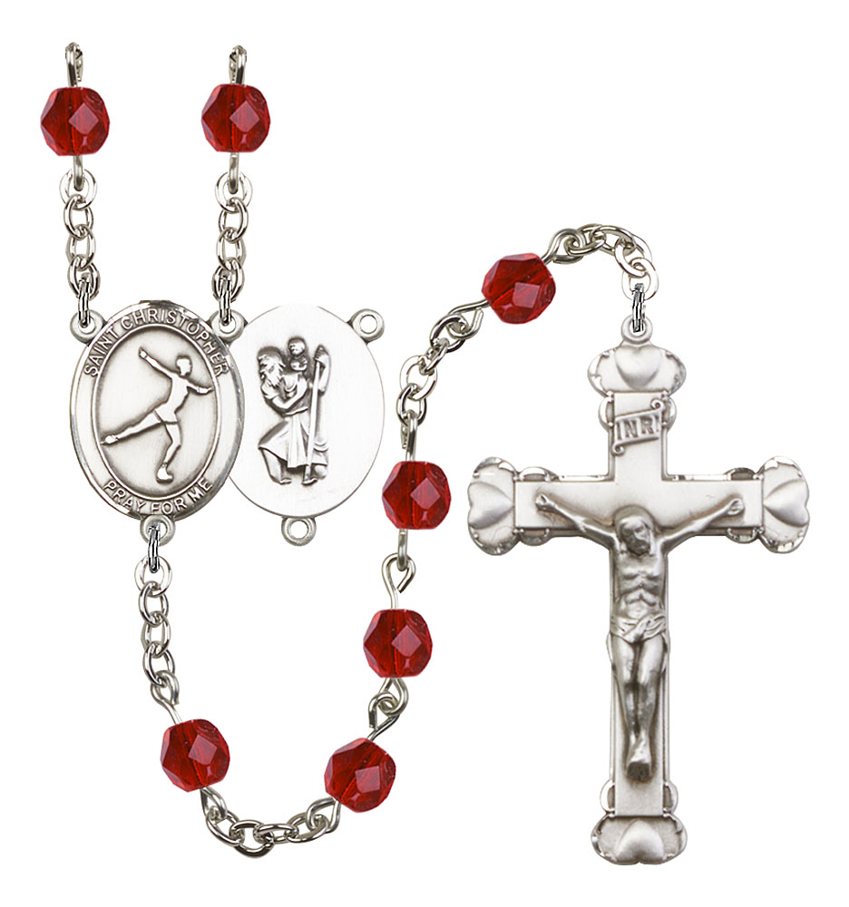 Saint Christopher and Figure Skating Rosary with Ruby Beads