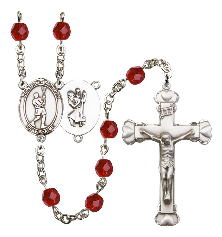 Saint Christopher and Lacrosse Rosary with Ruby Beads