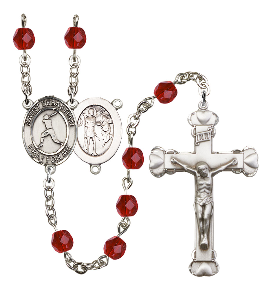 Saint Sebastian and Baseball Rosary with Ruby Beads