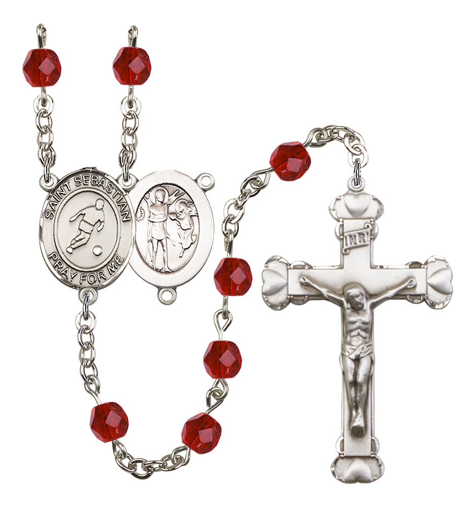 Saint Sebastian and Soccer Rosary with Ruby Beads