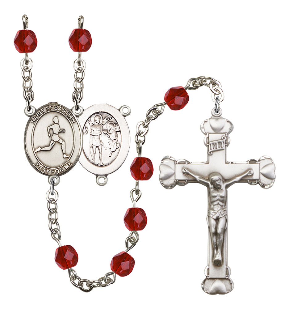 Saint Sebastian and Track & Field Rosary with Ruby Beads