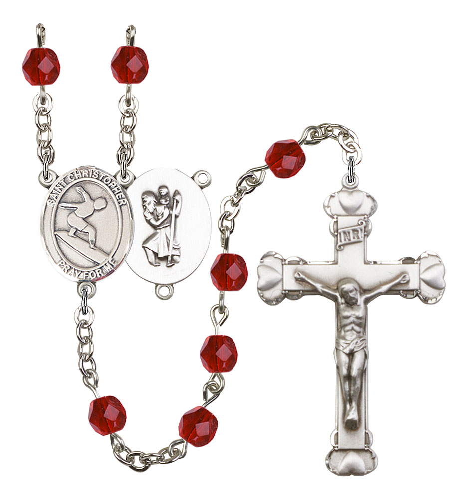 Saint Christopher and Surfing Rosary with Ruby Beads