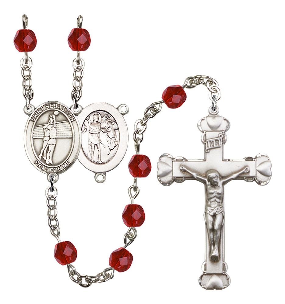 Saint Sebastian and Volleyball Rosary with Ruby Beads