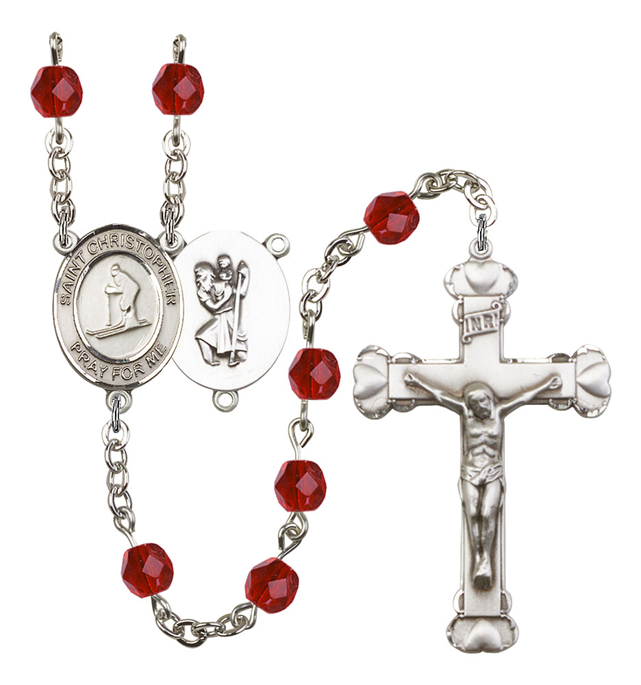 Saint Christopher and Skiing Rosary with Ruby Beads