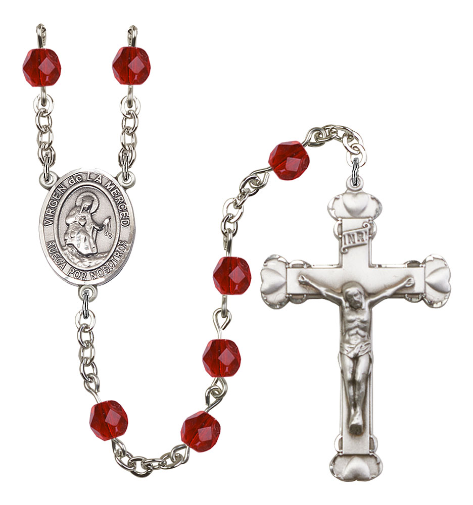 Virgen de la Merced Engravable Rosary with Ruby Beads