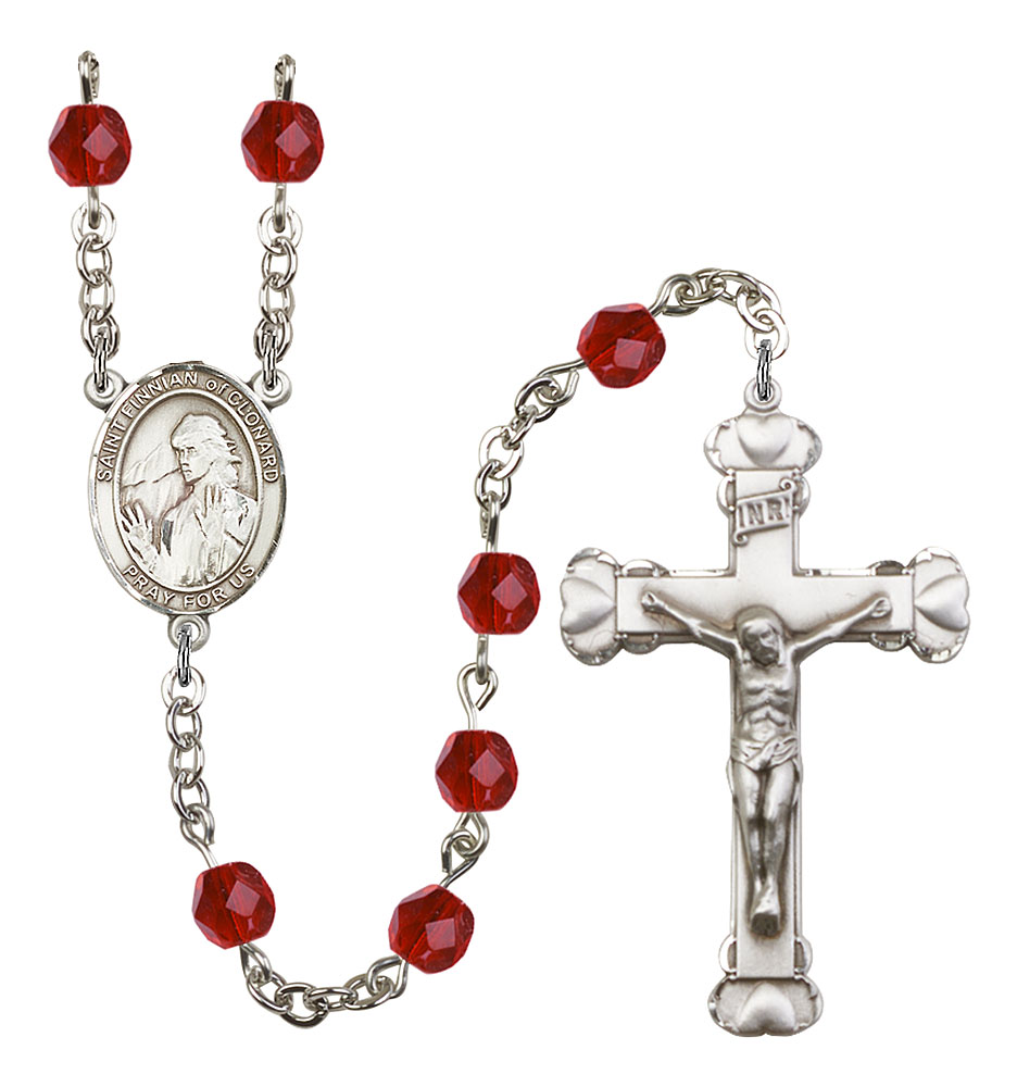 Saint Finnian of Clonard Engravable Rosary with Ruby Beads
