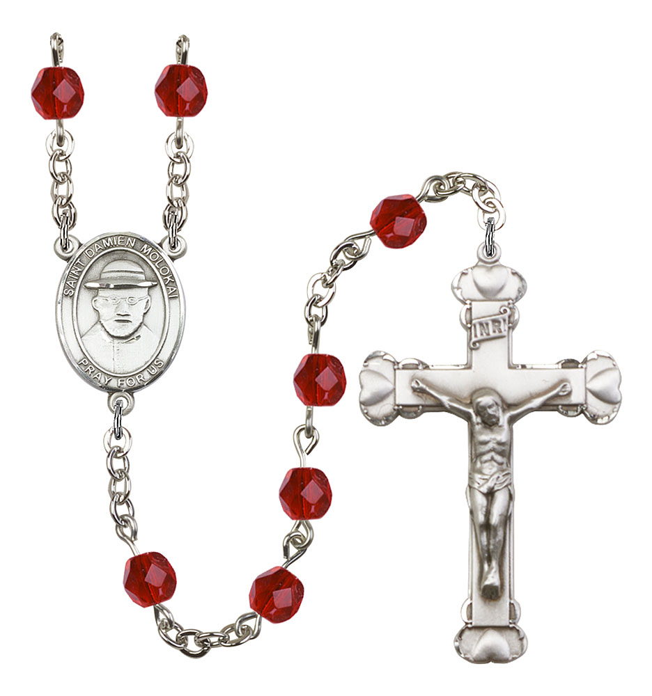 Saint Damien of Molokai Engravable Rosary with Ruby Beads