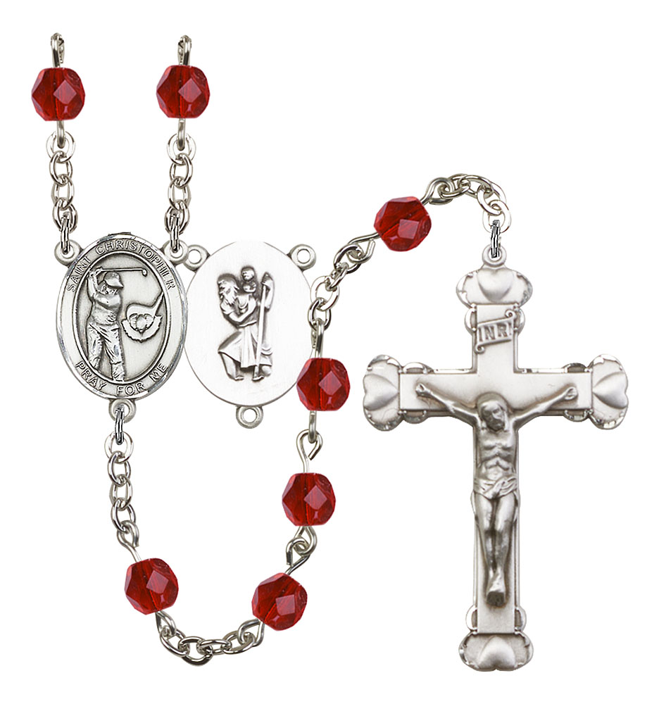 Saint Christopher and Golf Rosary with Ruby Beads