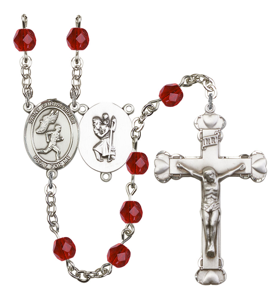 Saint Christopher and Track&Field Rosary with Ruby Beads