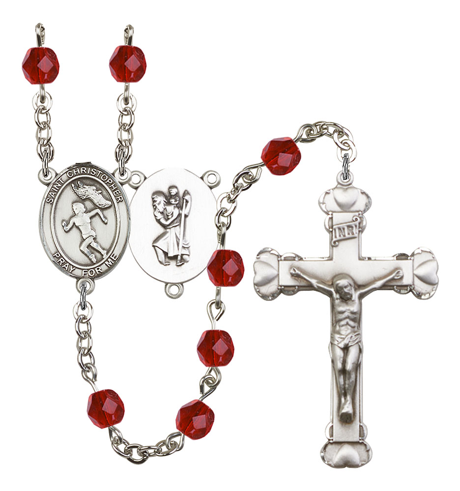 Saint Christopher and Track&Field Rosary with Ruby Beads
