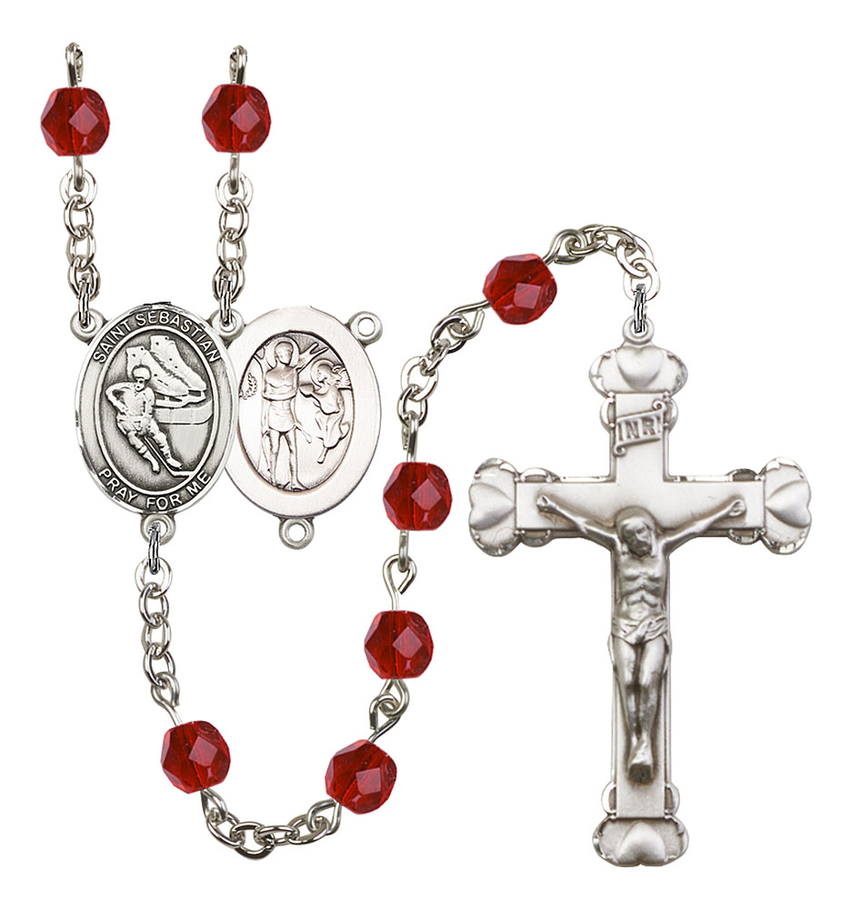 Saint Sebastian and Hockey Rosary with Ruby Beads