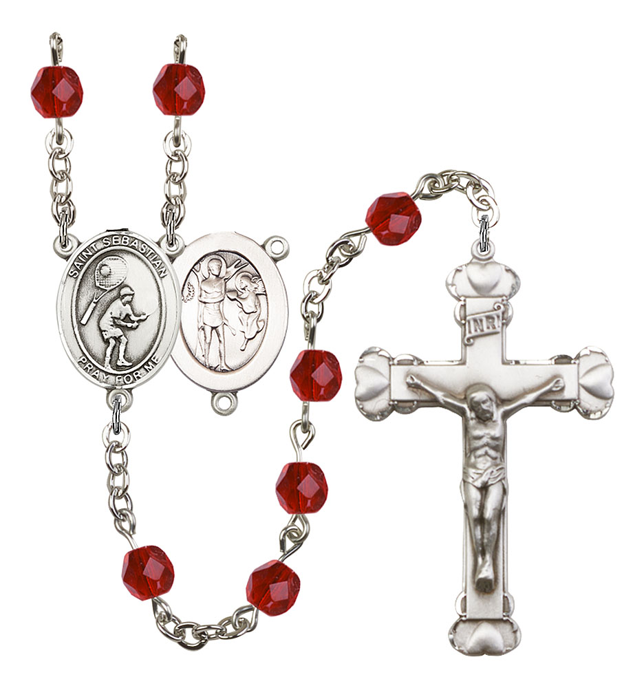 Saint Sebastian and Tennis Rosary with Ruby Beads