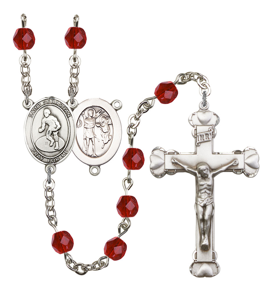 Saint Sebastian and Wrestling Rosary with Ruby Beads