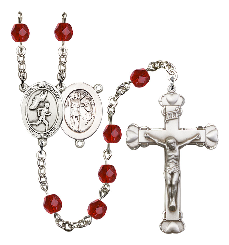 Saint Sebastian and Track & Field Rosary with Ruby Beads