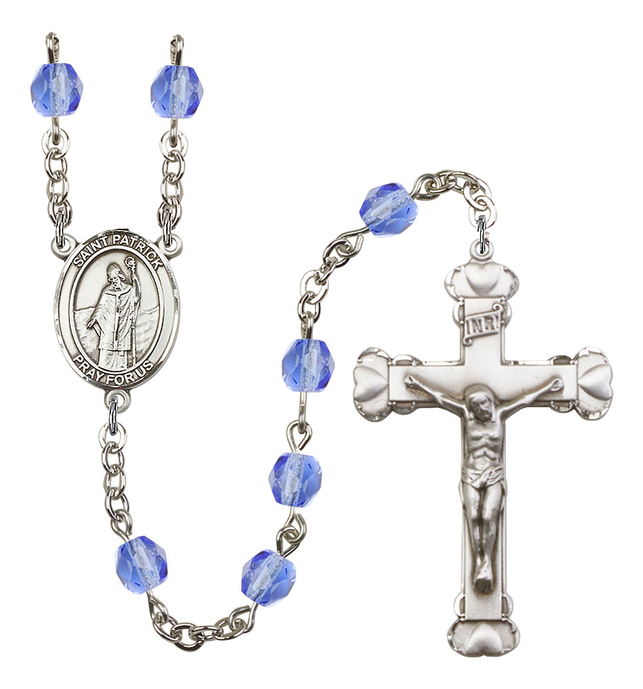 18-Inch Rhodium Plated Necklace with 4mm Aqua Birthstone Beads and Sterling Silver Saint Maximilian Kolbe Charm.