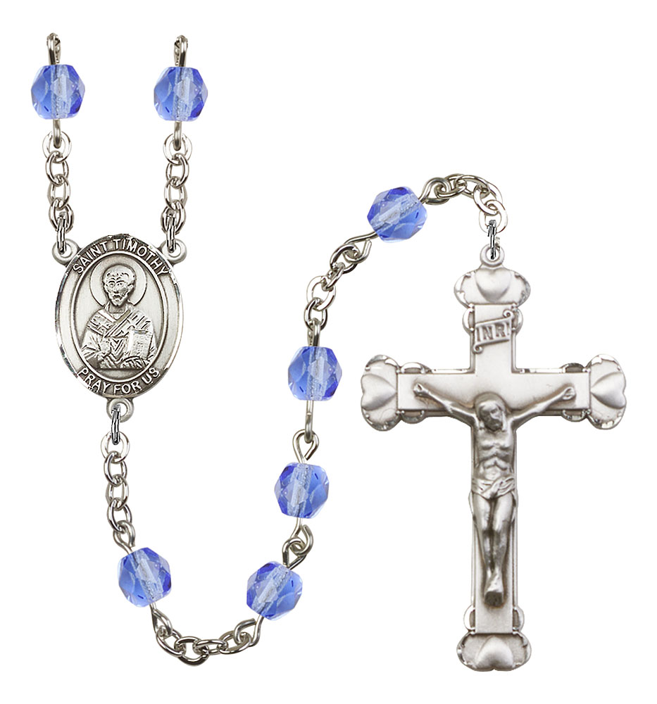 Saint Timothy Engravable Rosary with Sapphire Beads