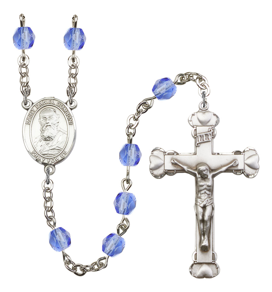 Saint Daniel Comboni Engravable Rosary with Sapphire Beads