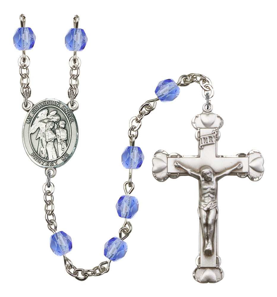 Guardian Angel with Children Engravable Rosary with Sapphire Beads
