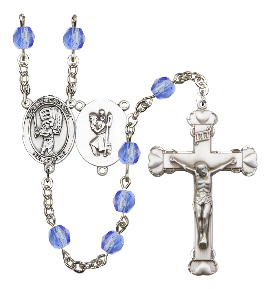 Saint Christopher and Baseball Rosary with Sapphire Beads