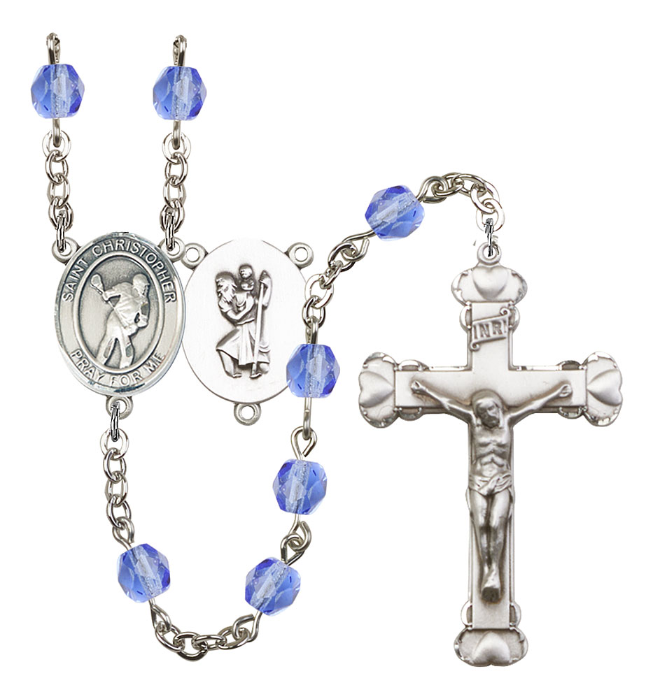 Saint Christopher and Lacrosse Rosary with Sapphire Beads