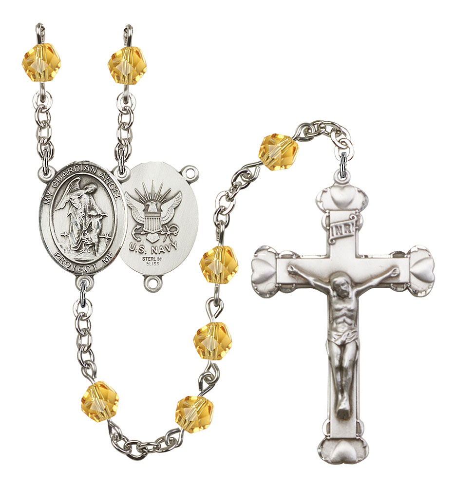 Guardian Angel and Navy Rosary with Topaz Beads