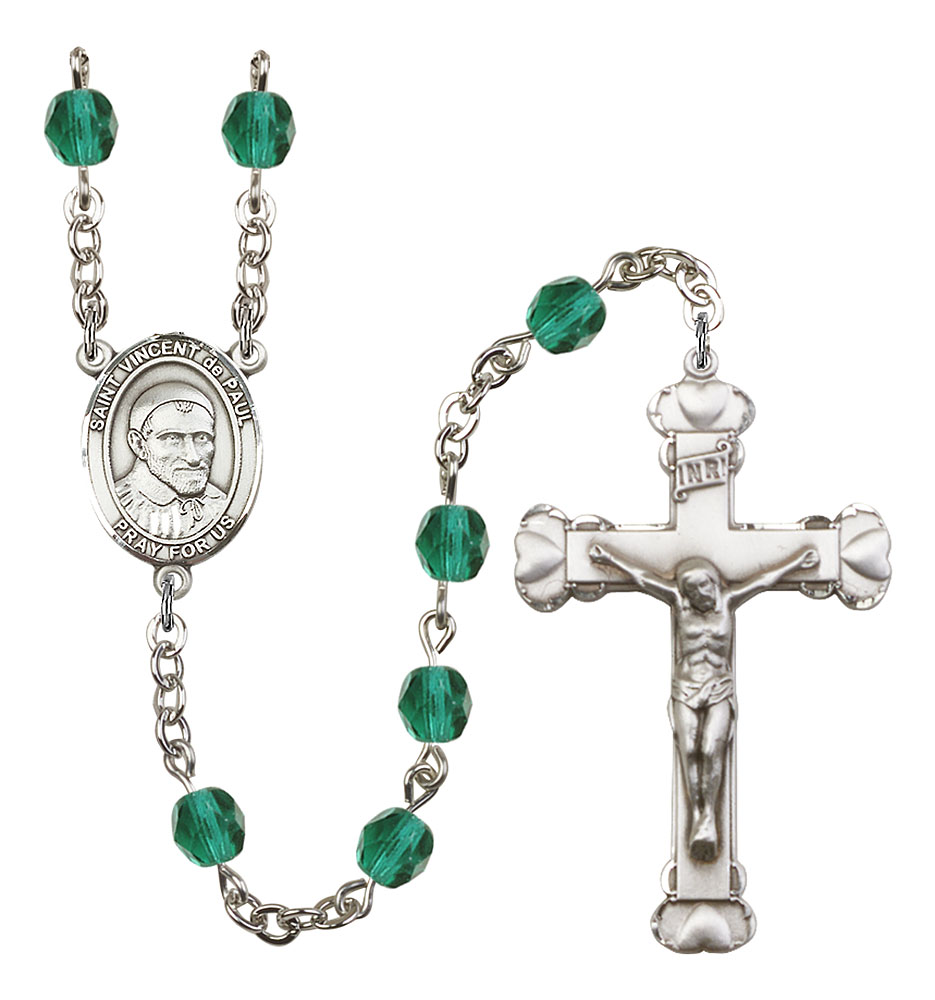 18-Inch Rhodium Plated Necklace with 4mm Faux-Pearl Beads and Sterling Silver Saint Vincent de Paul Charm.
