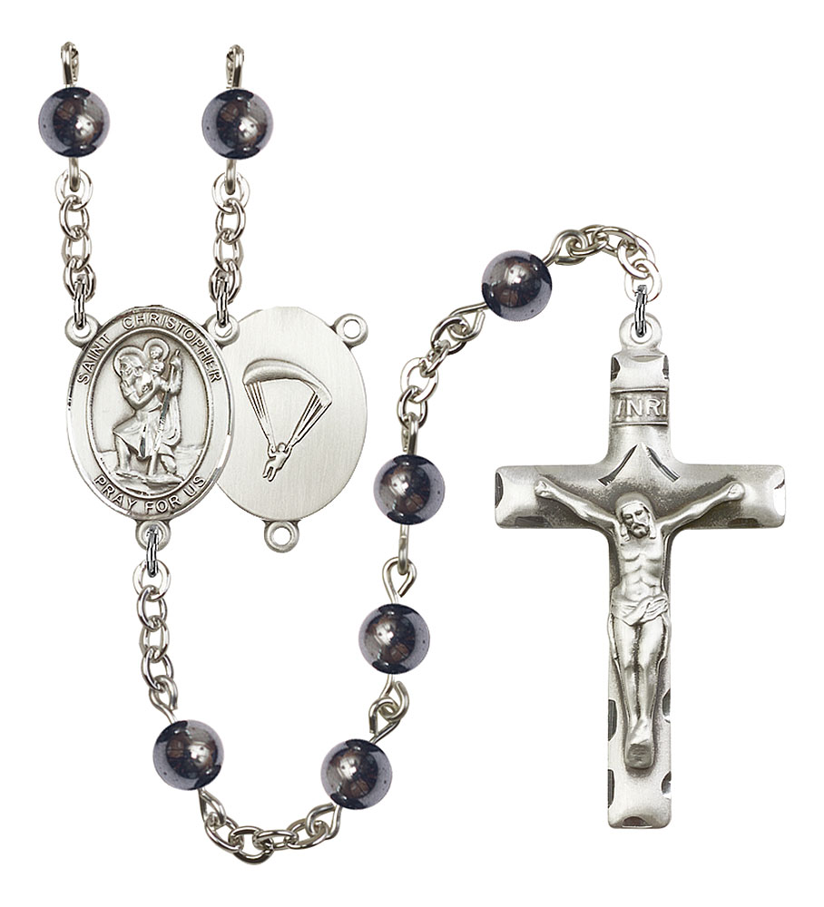 Saint Christopher and Paratrooper Rosary with 6mm Hematite Beads