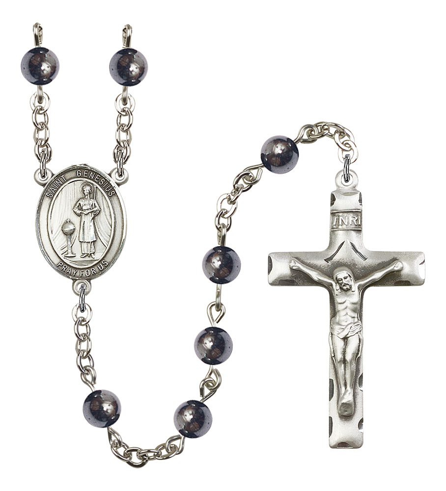 Saint Genesius of Rome Engravable Rosary with 6mm Hematite Beads