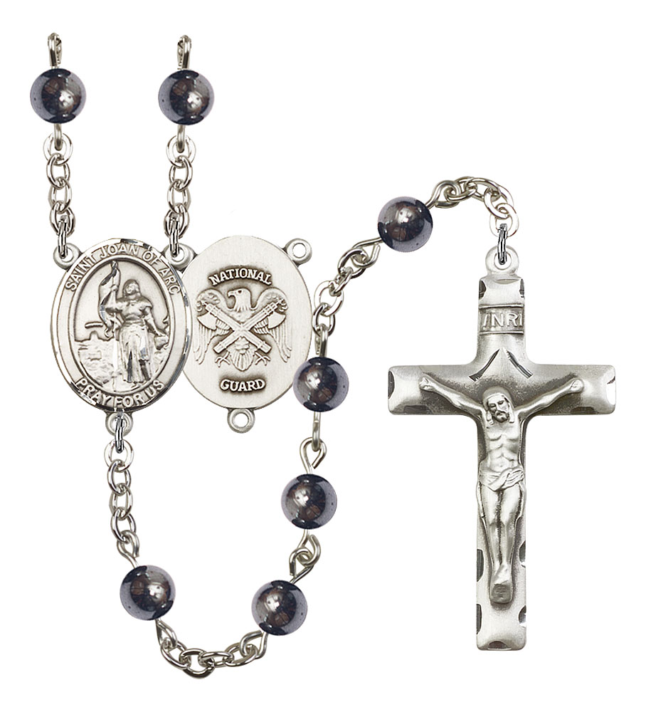 Saint Joan of Arc and Nat'l Guard Rosary with 6mm Hematite Beads