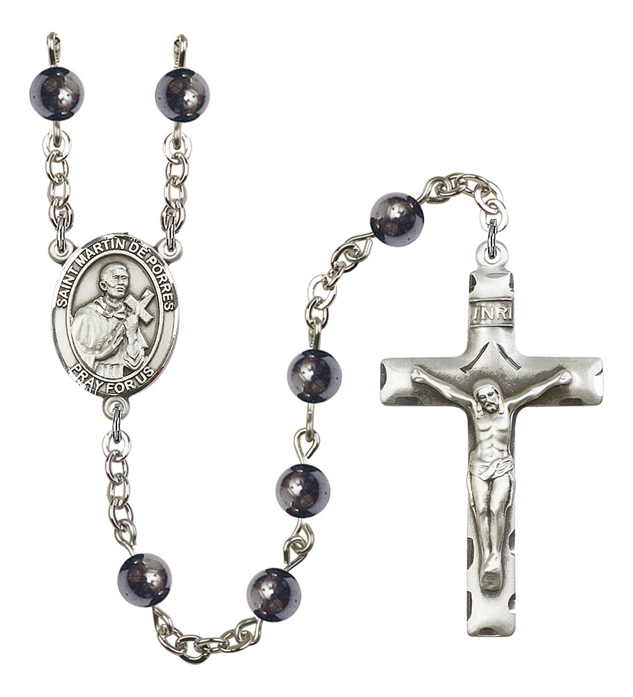 Saint Martin de Porres Engravable Rosary with 6mm Hematite Beads