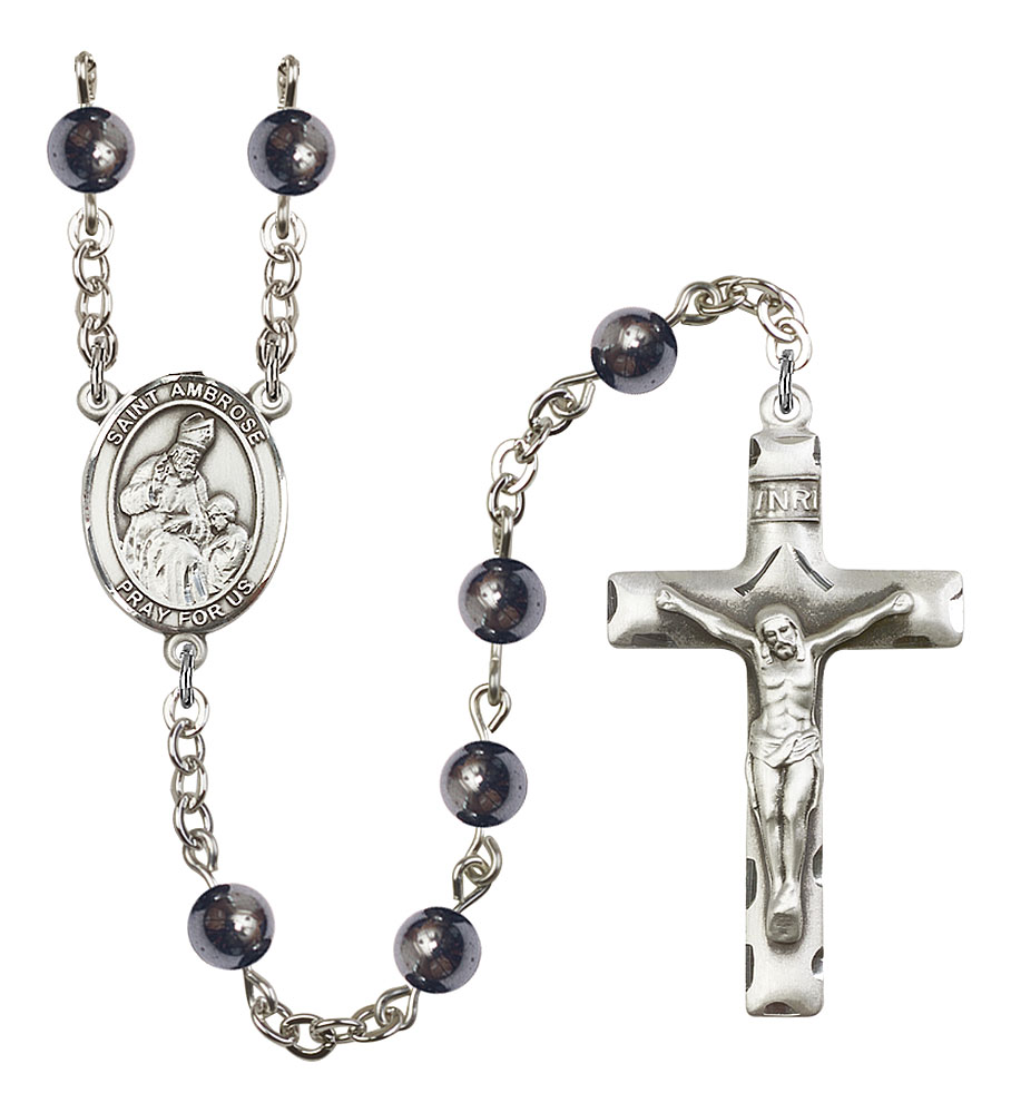 Saint Ambrose Engravable Rosary with 6mm Hematite Beads
